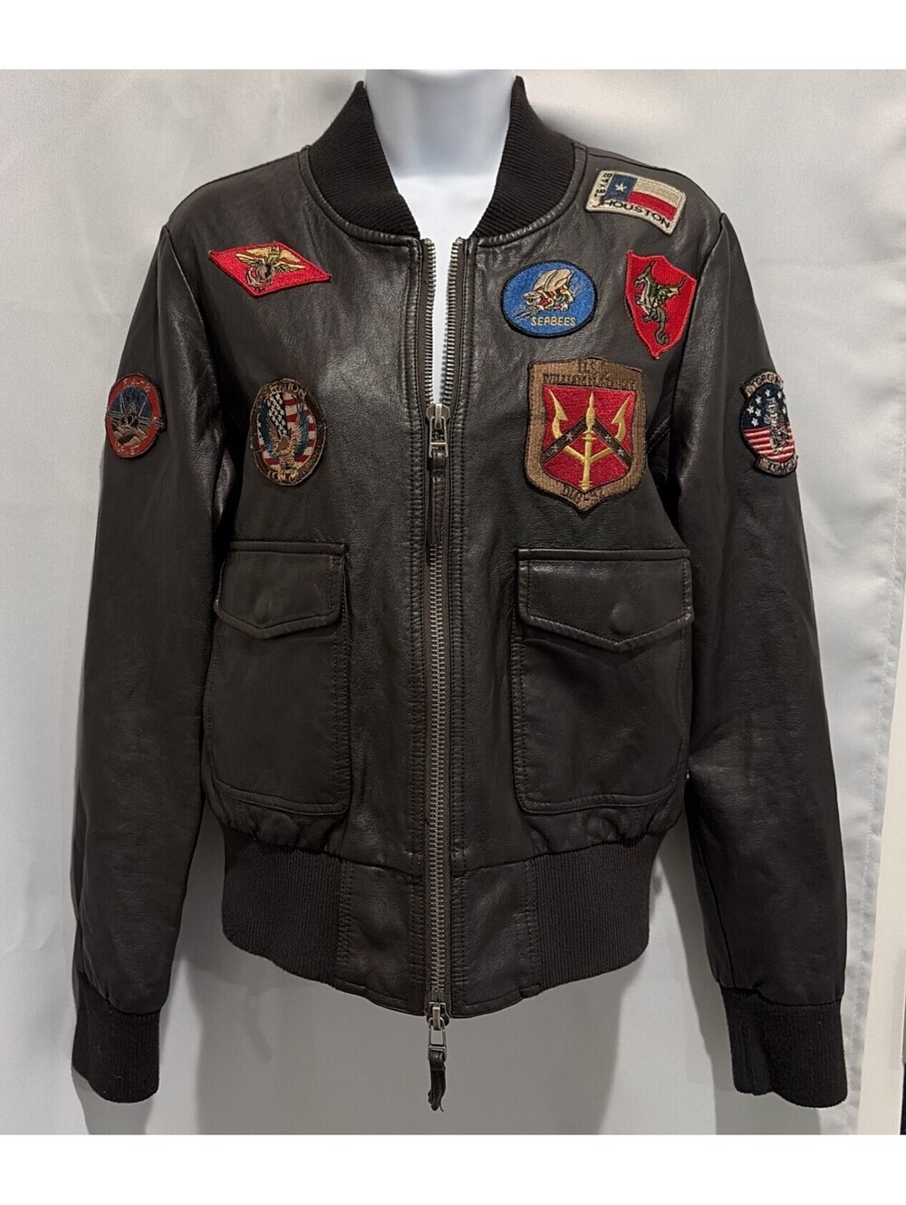 Miss Top Gun Patch Work Soft Brown Faux leather Women’s S Bomber Jacket